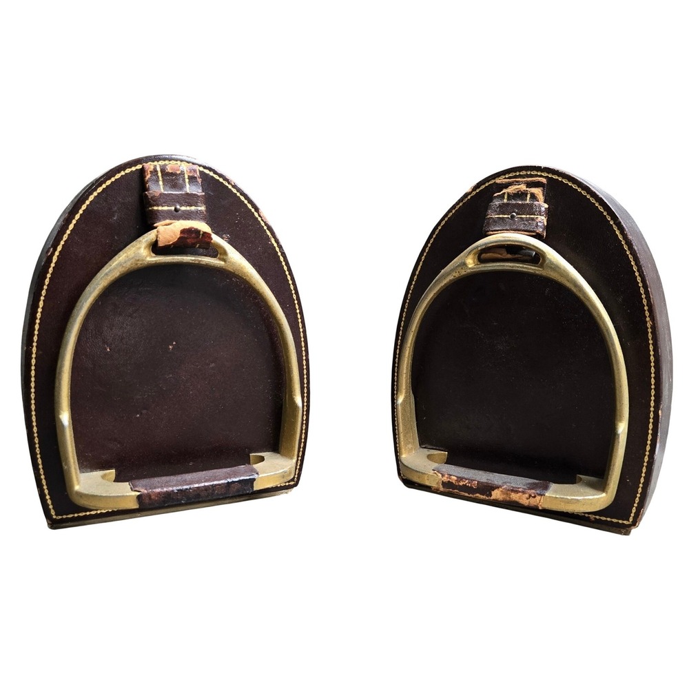 Vintage Horse Stirrup Bookends Pair Brass Tone Brown Leather Equestrian Decor